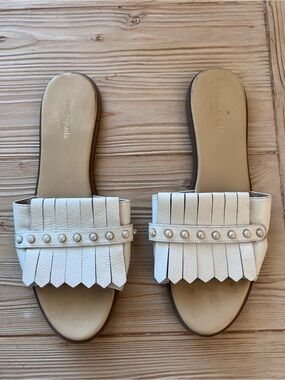 Kate Spade New York White Leather Fringe Pearl Slide Sandals Women’s Size 11